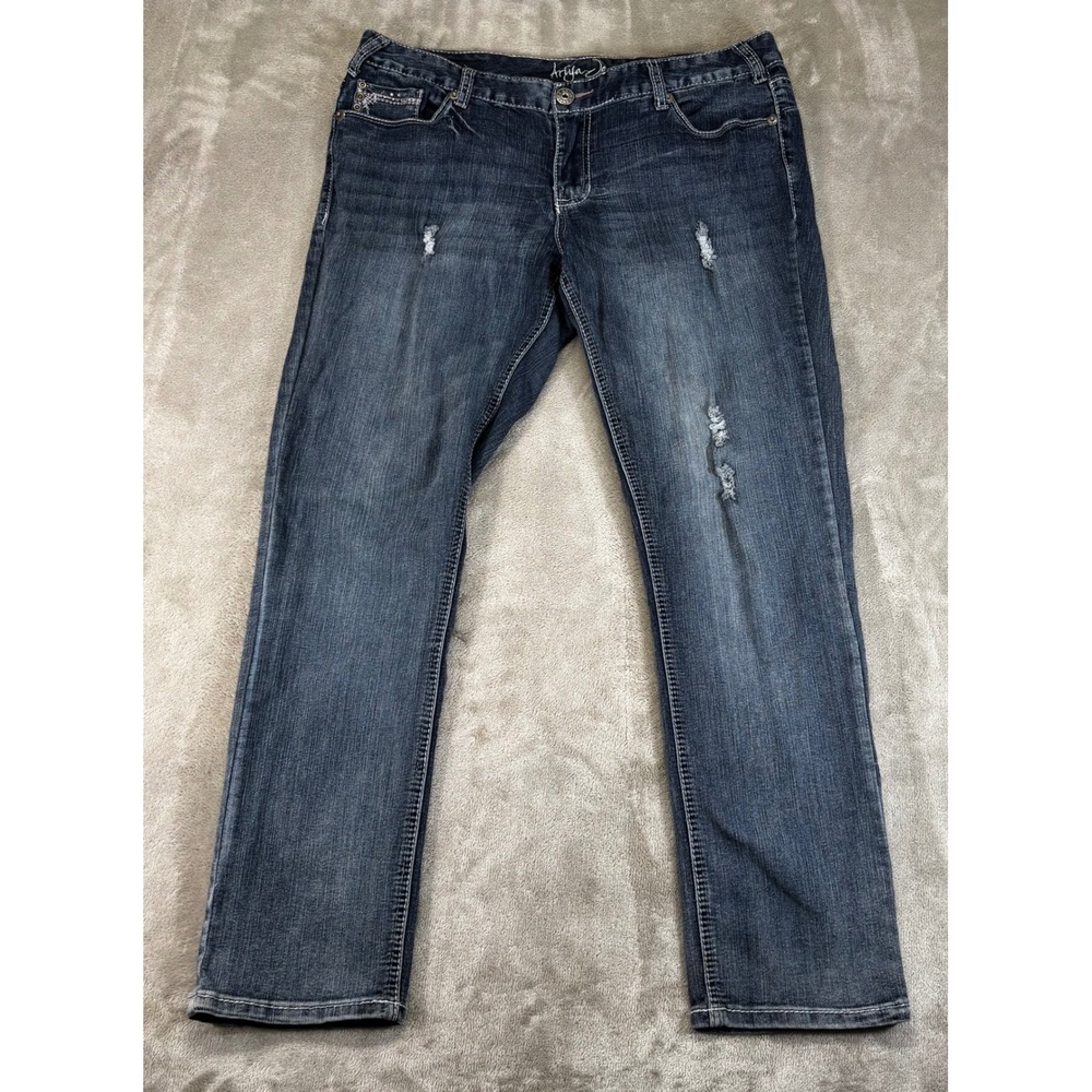 Ariya Jeans Straight Leg Women 15/16 Dark Wash 36x29 Distressed Rhinestone